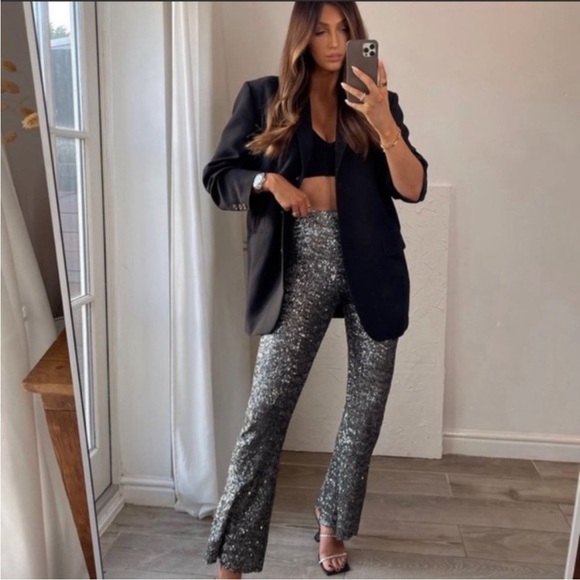 Zara Pants - ZARA DARK SILVER GREY HIGH WAIST SEQUINNED FLARED WIDE LEG PANTS NWT